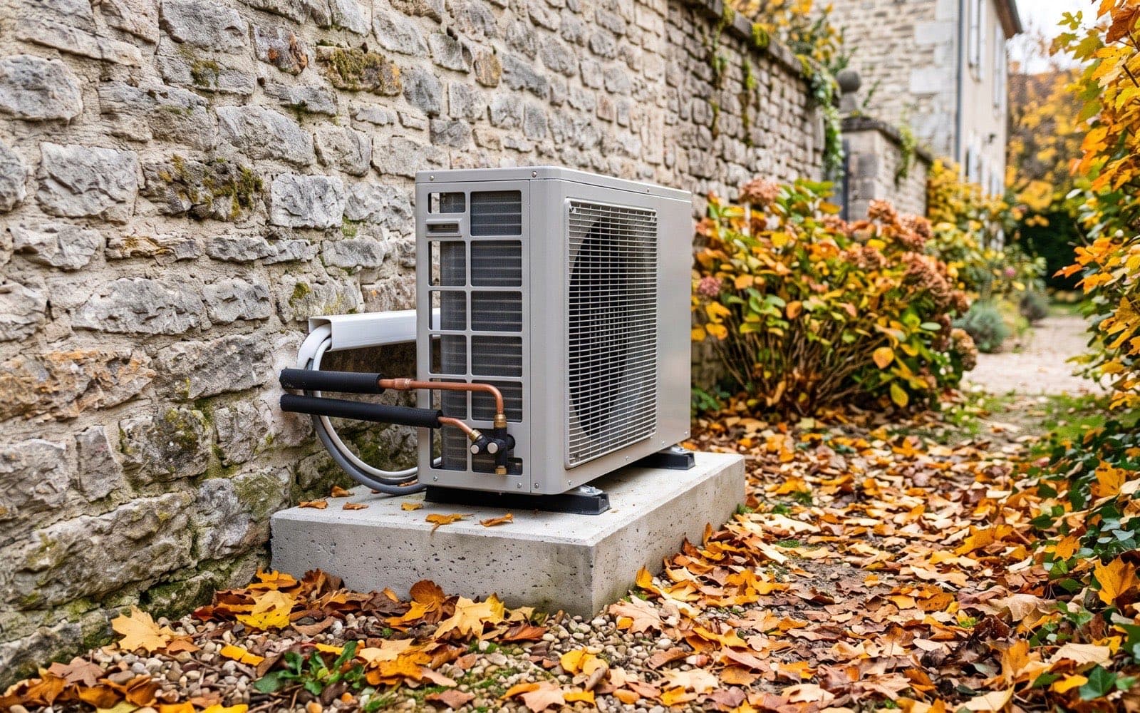 Unité extérieure de climatisation réversible sur socle béton contre un mur en pierre bisontine, feuilles d'automne au sol