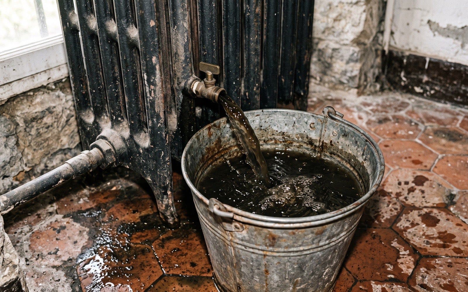 Eau sombre et boueuse s'écoulant d'un purgeur de radiateur en fonte dans un seau métallique