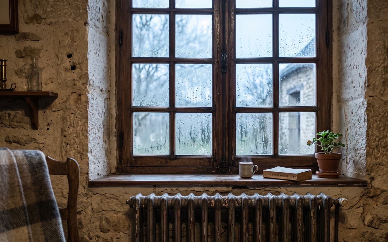 Fenêtre à petits carreaux couverte de buée et de gouttes de condensation, radiateur en fonte sous l'appui