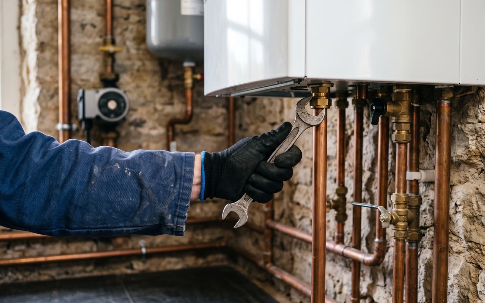 Une main gantée resserrant un raccord au bas d'une chaudière murale gaz avec une clé plate, tuyauterie cuivre en chaufferie de pierre