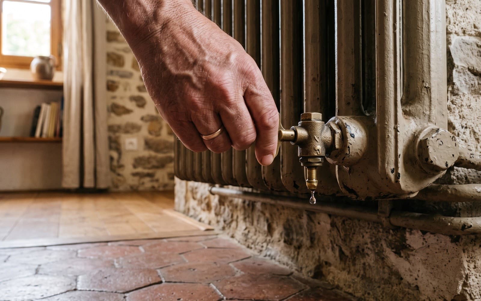 Une main tenant une clé de purge sur un radiateur en fonte ancien, goutte d'eau au purgeur