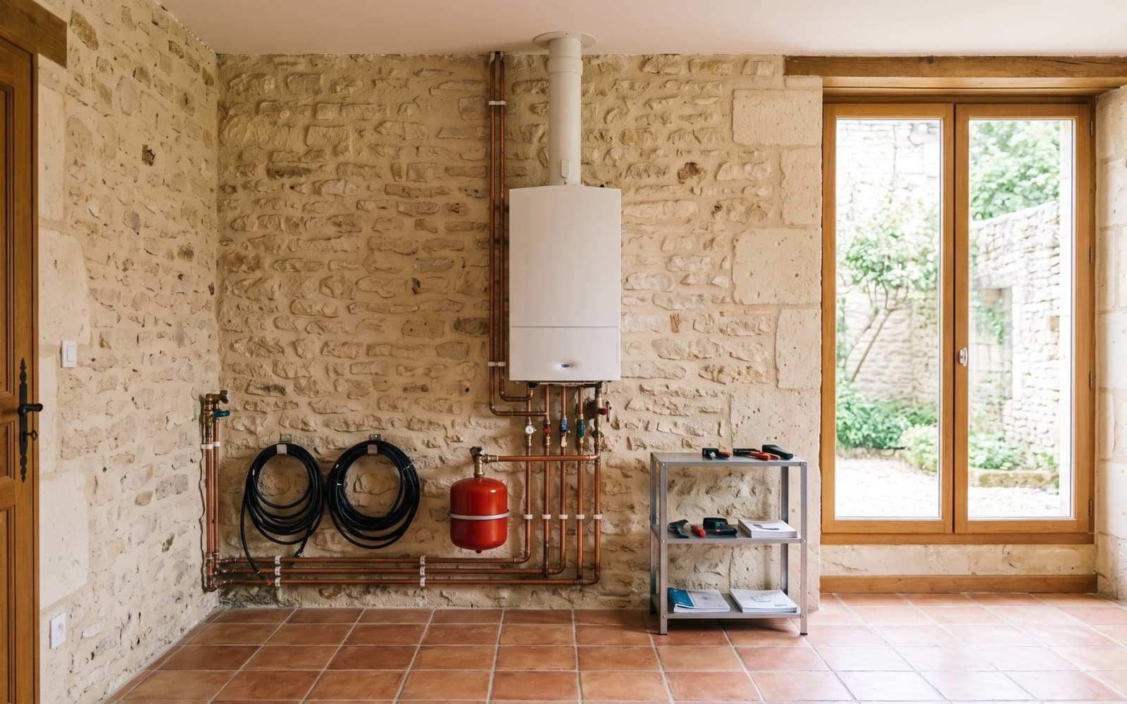 Local technique rangé avec une chaudière murale gaz bien dégagée, aucun obstacle devant l'appareil