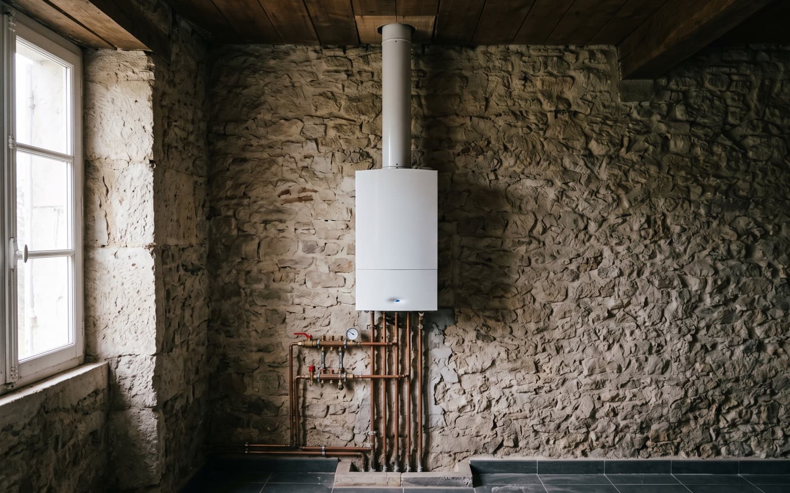 Chaudière gaz murale blanche sur un mur de pierre apparente, conduit d'évacuation cylindrique traversant le plafond en bois, collecteur cuivre avec vannes rouges et manomètre descendant vers un socle maçonné, sol en carrelage anthracite, lumière d'hiver latérale