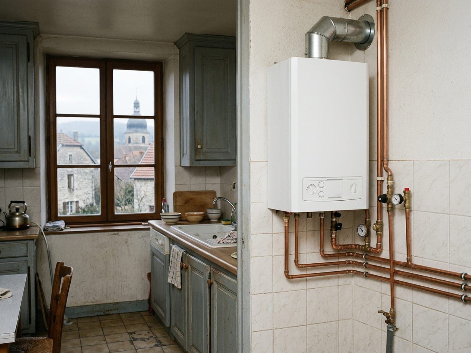 Chaudière murale gaz neuve raccordée en cuivre, avec tubage d’évacuation inox, dans un logement ancien