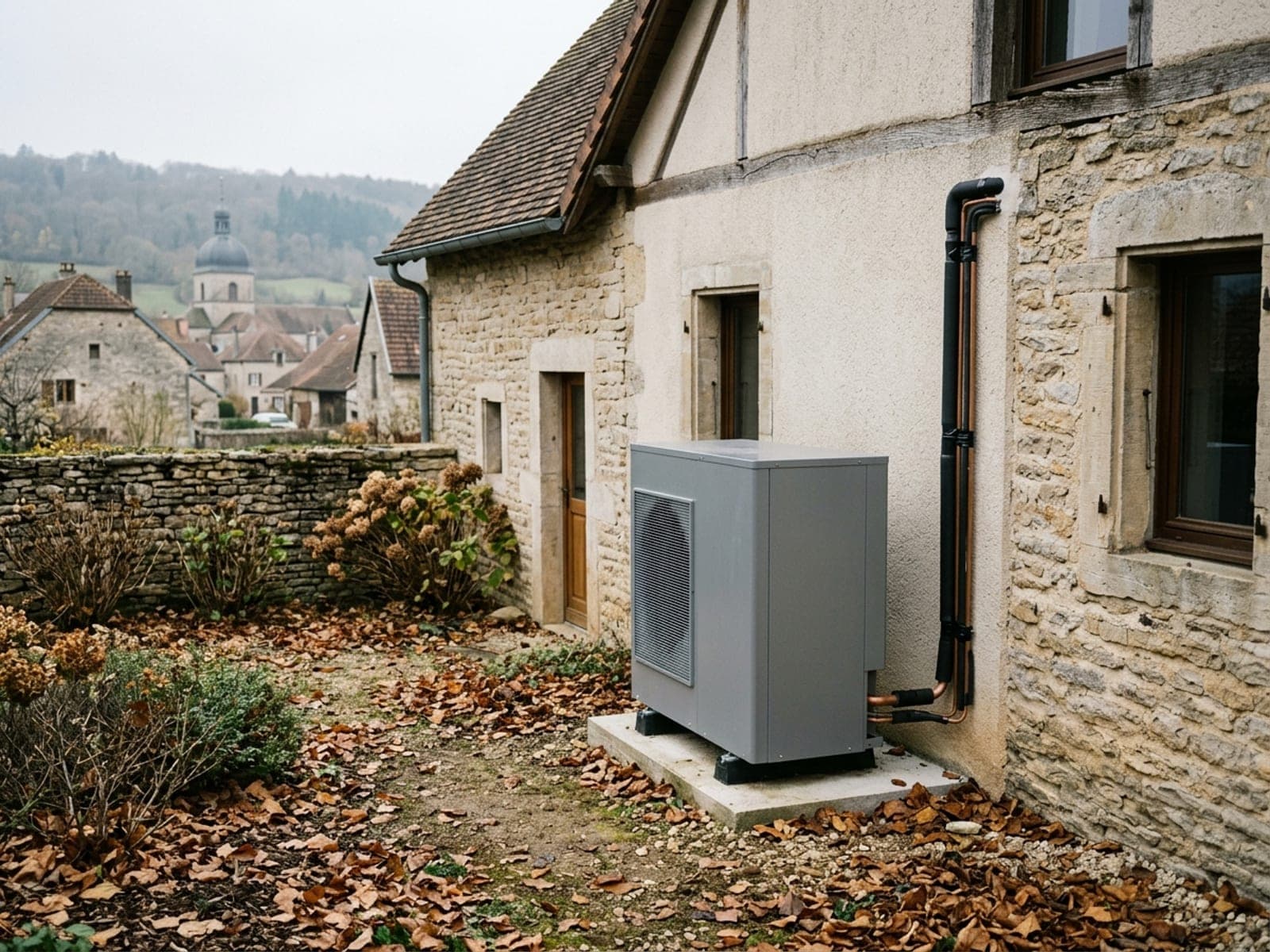 Unité extérieure de pompe à chaleur posée sur un socle béton contre le mur en pierre d’une maison de village