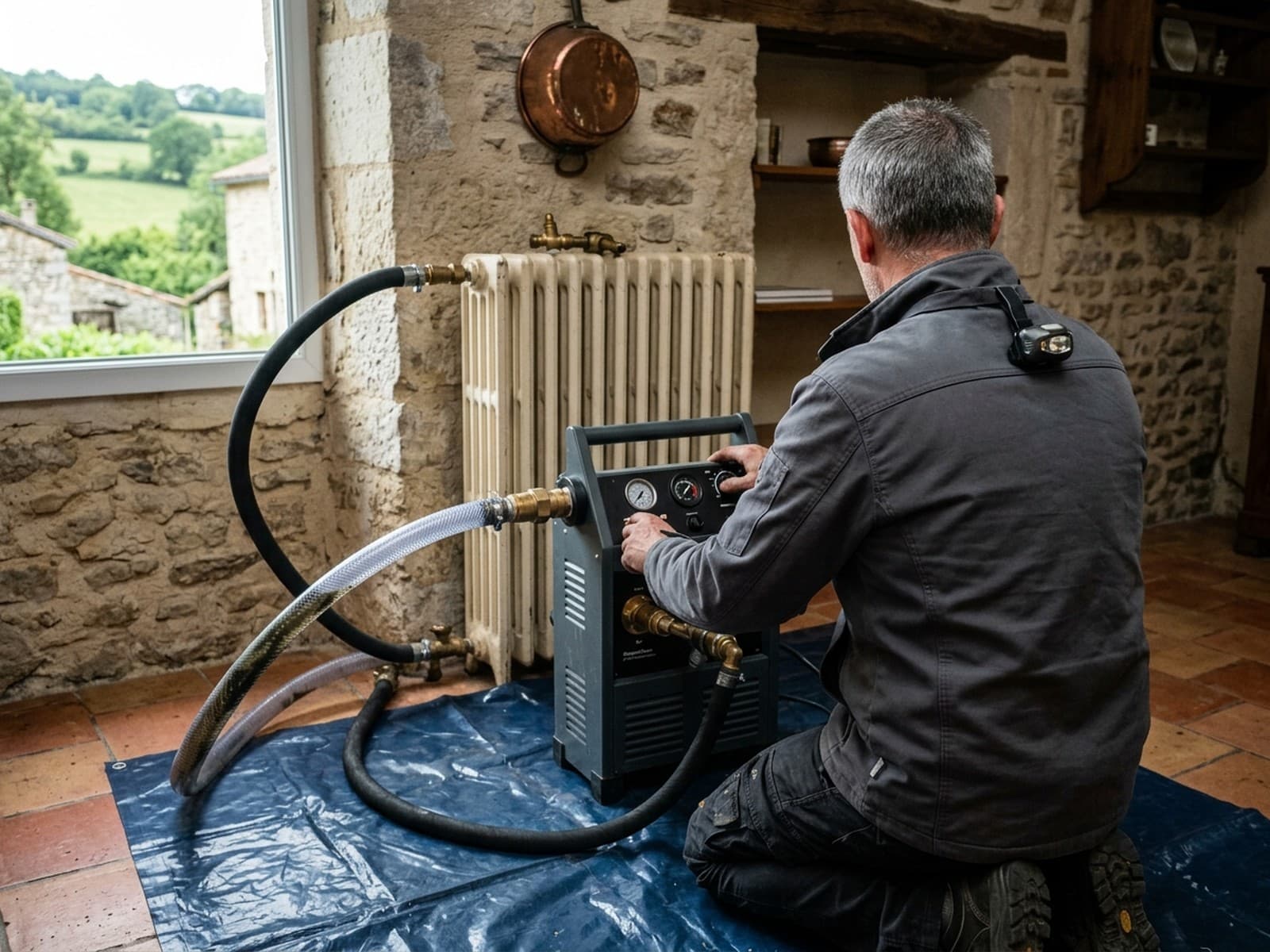 Machine de désembouage raccordée par deux flexibles à un radiateur en fonte, bâche de protection étalée au sol