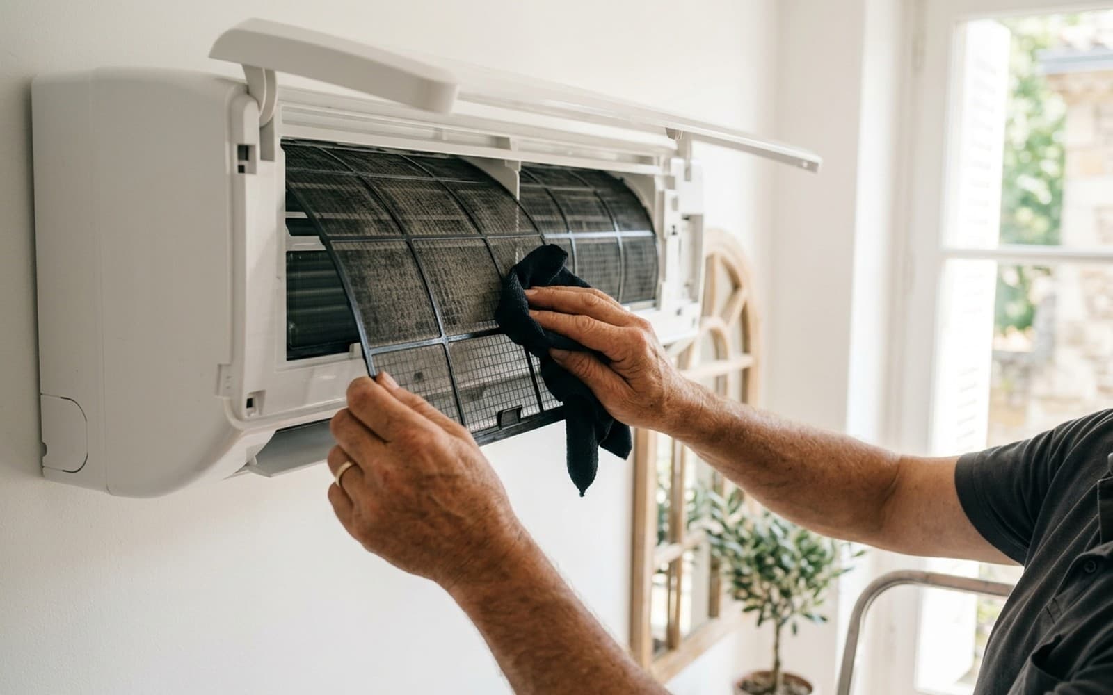 Nettoyage au chiffon des filtres d'une unité intérieure de climatisation réversible murale, volet relevé, dans une pièce lumineuse
