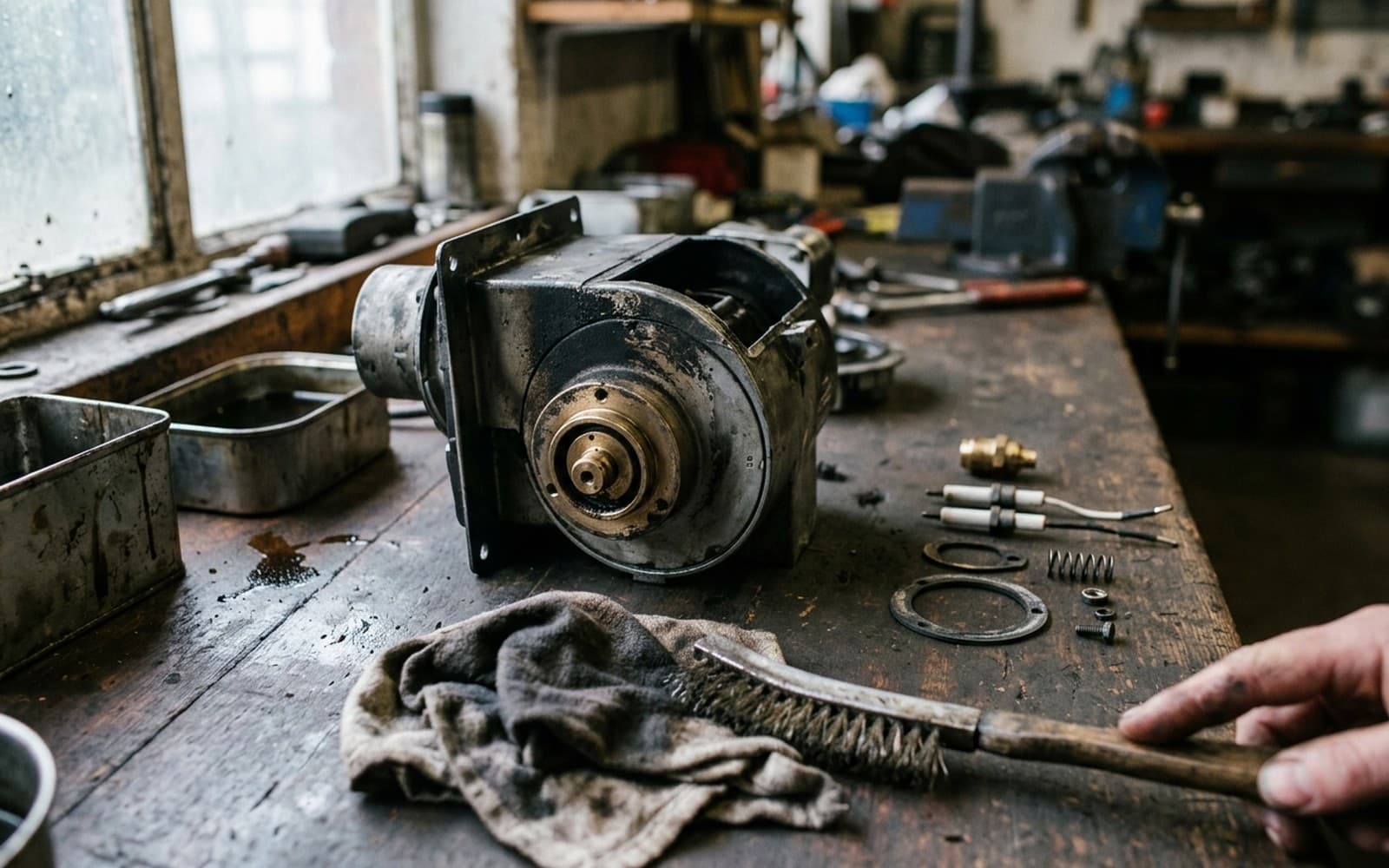 Brûleur de chaudière fioul démonté sur un établi d'atelier, électrodes d'allumage et joints neufs alignés, brosse métallique en main pour le nettoyage