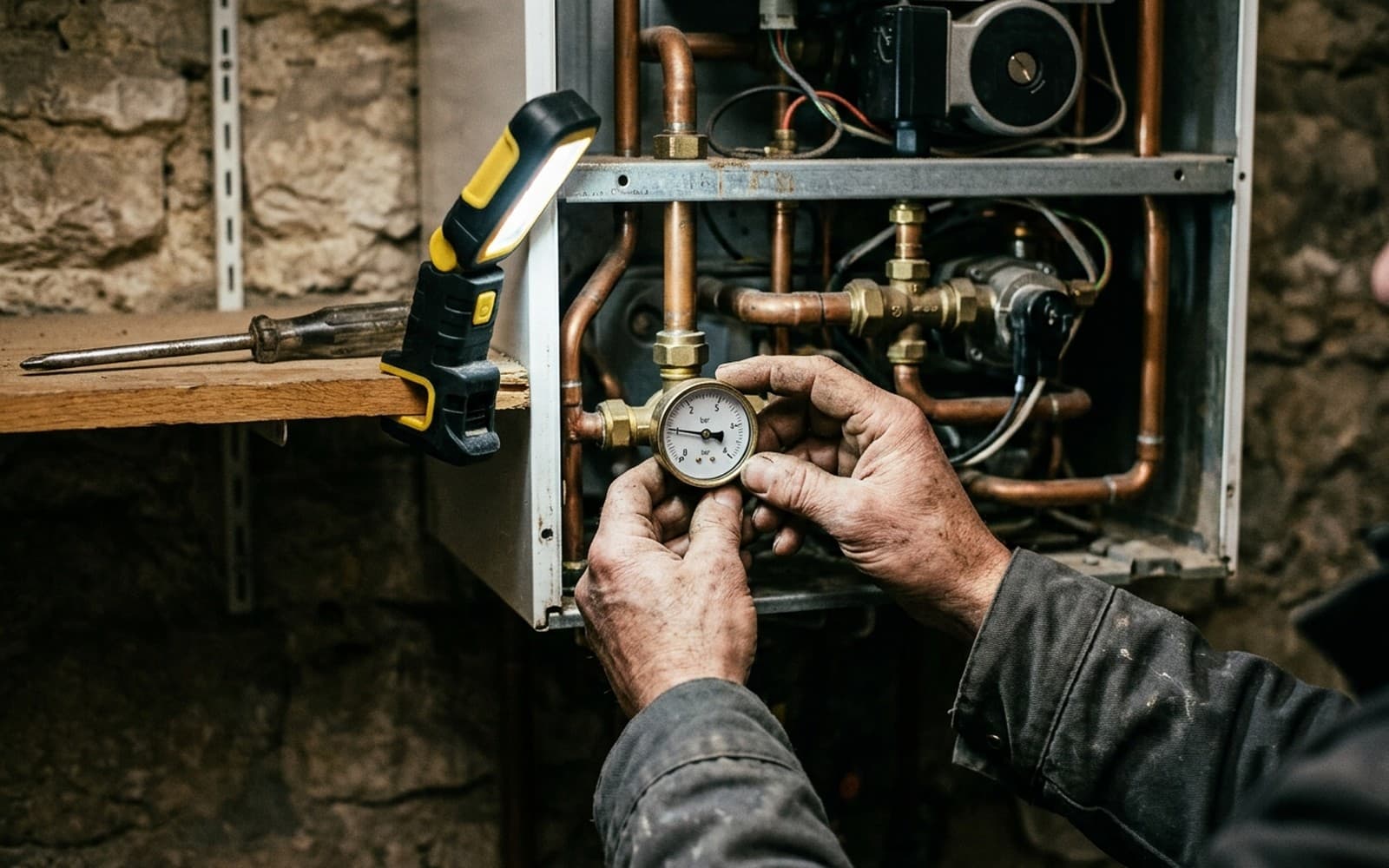 Chauffagiste relevant la pression au manomètre d'une chaudière murale gaz ouverte, tuyauterie cuivre apparente, lampe de chantier posée à côté dans une cave en pierre