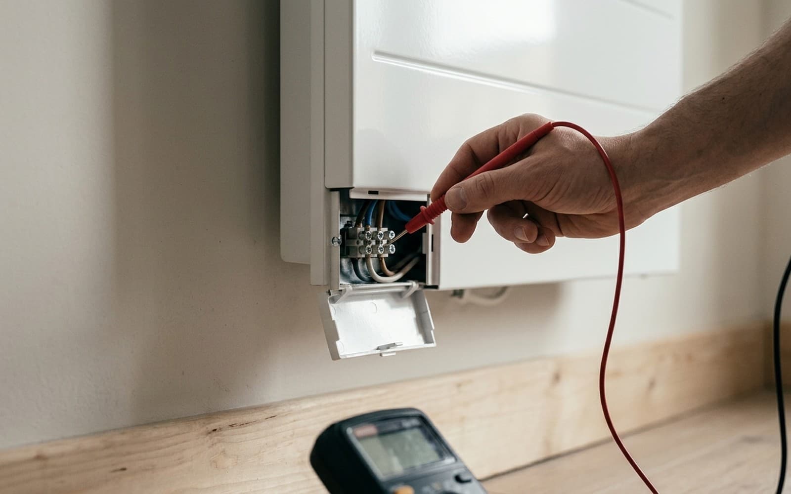 Contrôle au multimètre du bornier de raccordement d'un convecteur électrique mural, capot ouvert et conducteurs apparents