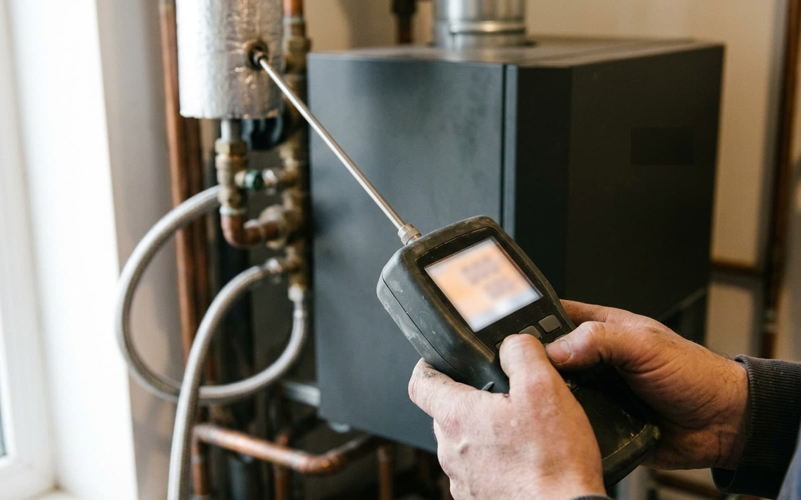 Analyseur de combustion tenu en main, sonde engagée dans le conduit de fumées d'une chaudière, lors d'un entretien annuel
