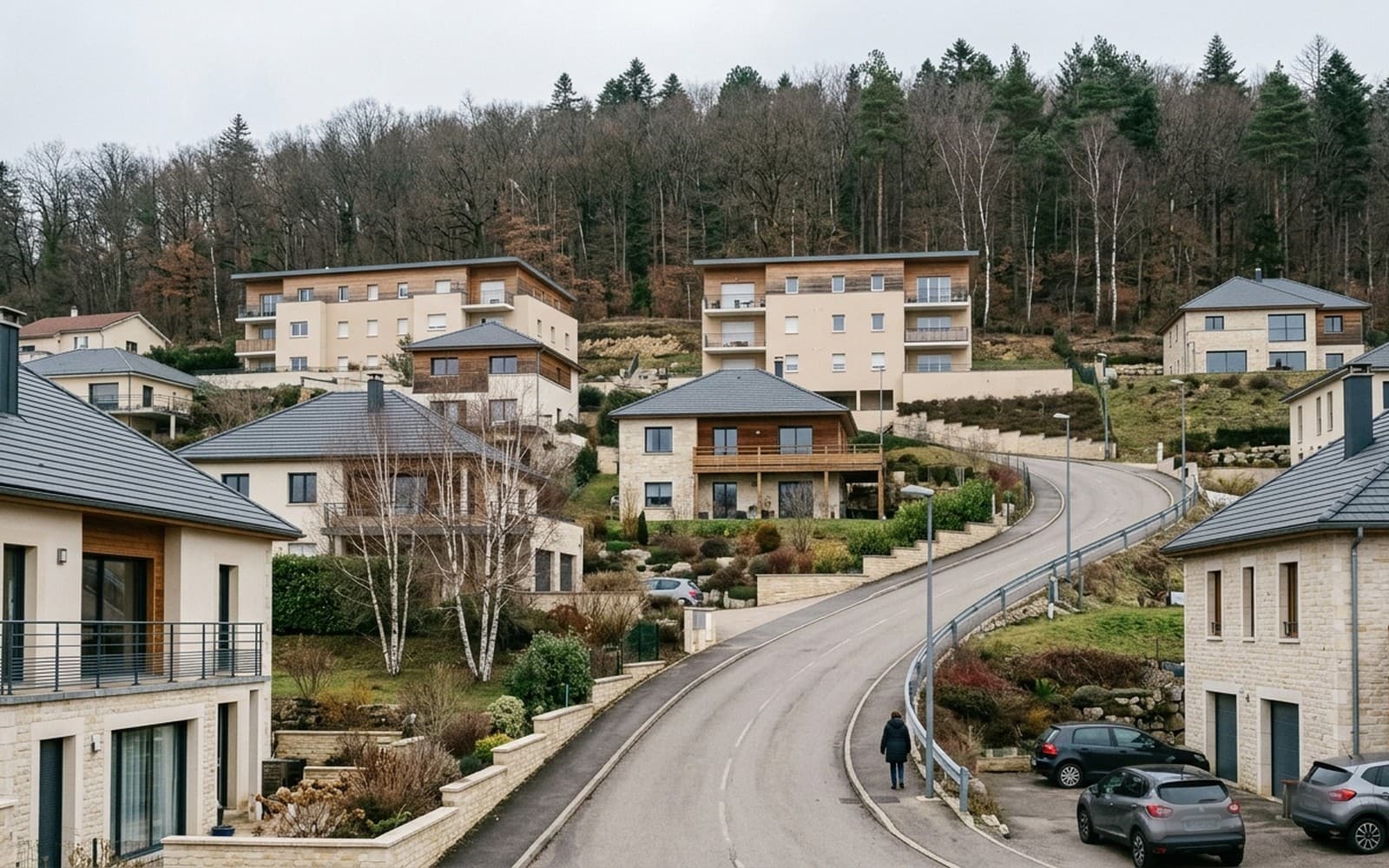 Route en courbe desservant des maisons récentes et de petits collectifs à flanc de coteau boisé