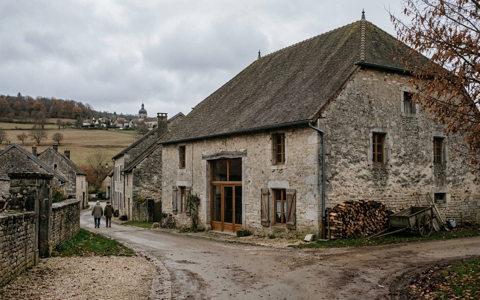 Grande ferme comtoise en pierre à l’entrée d’un village, bois de chauffage empilé et charrette contre le mur
