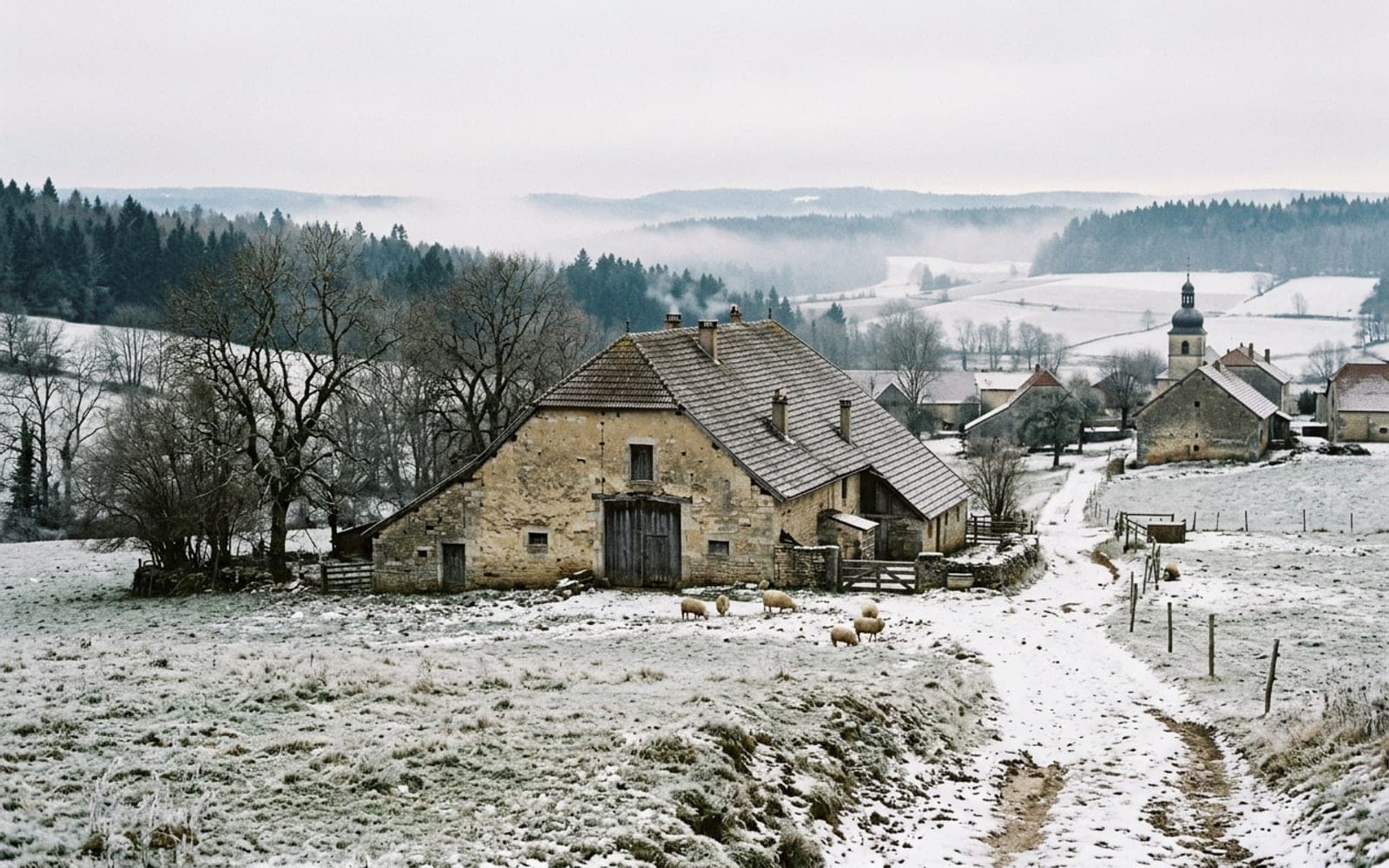 Ferme comtoise isolée sous la neige sur le plateau, moutons au pré et clocher du village au loin