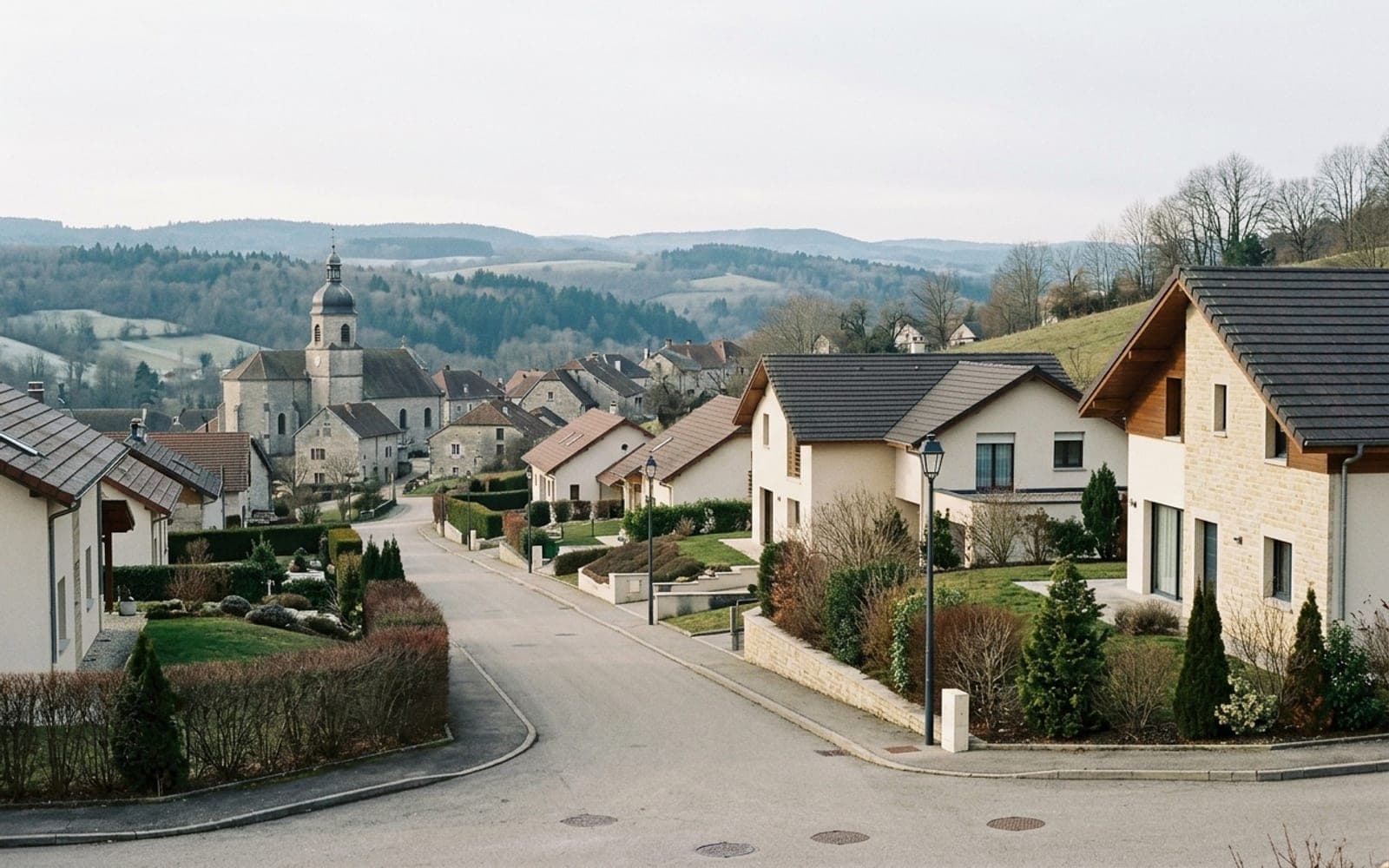 Rue résidentielle bordée de maisons récentes en crépi clair, clocher du village et collines à l’arrière-plan