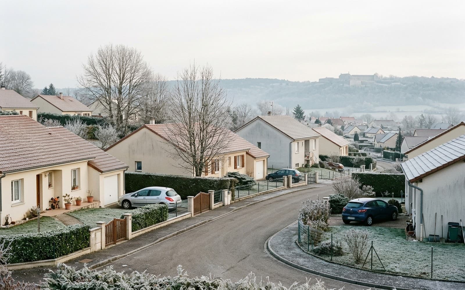 Toits anciens et clochers du centre de Besançon dominés par la citadelle, un matin de gel