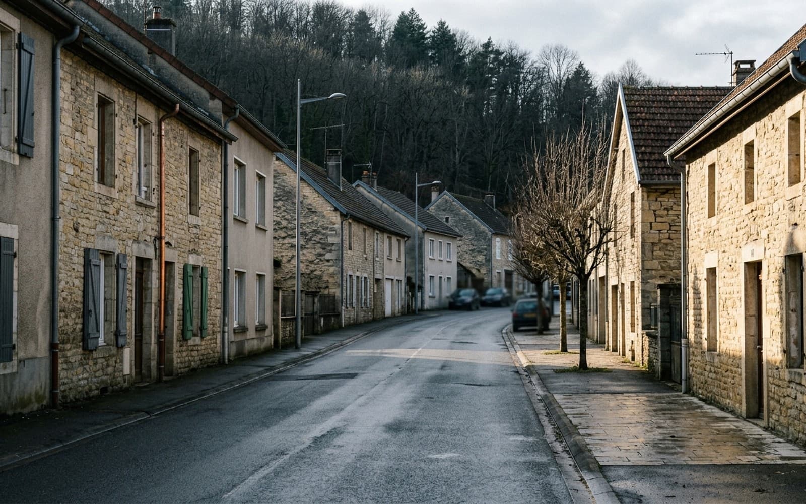 Rue principale d’un village comtois bordée de maisons en pierre, coteau boisé fermant la perspective