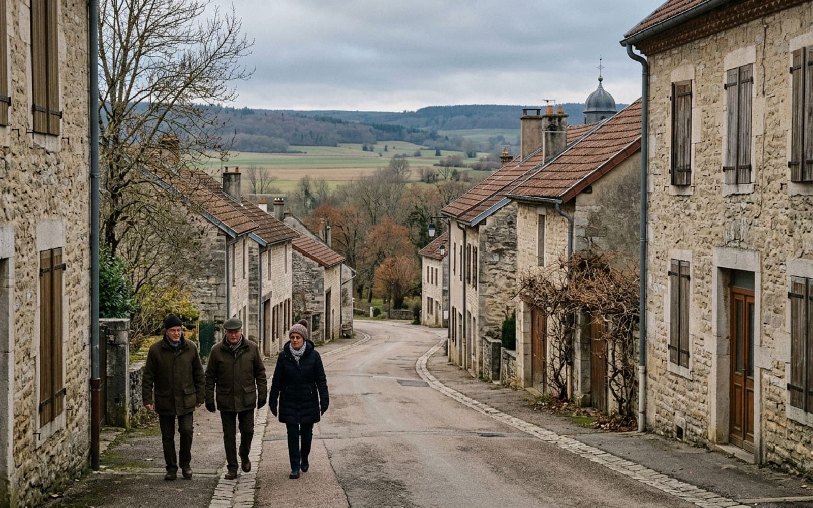 Rue en pente d’un bourg comtois bordée de maisons en pierre, ouverte sur les champs et les collines boisées
