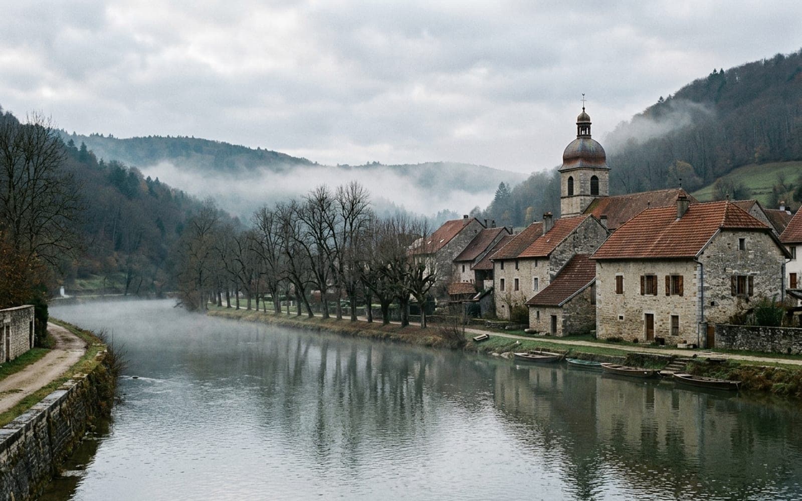 Village aux toits de tuiles au bord d’une rivière, barques amarrées et brume accrochée aux coteaux boisés