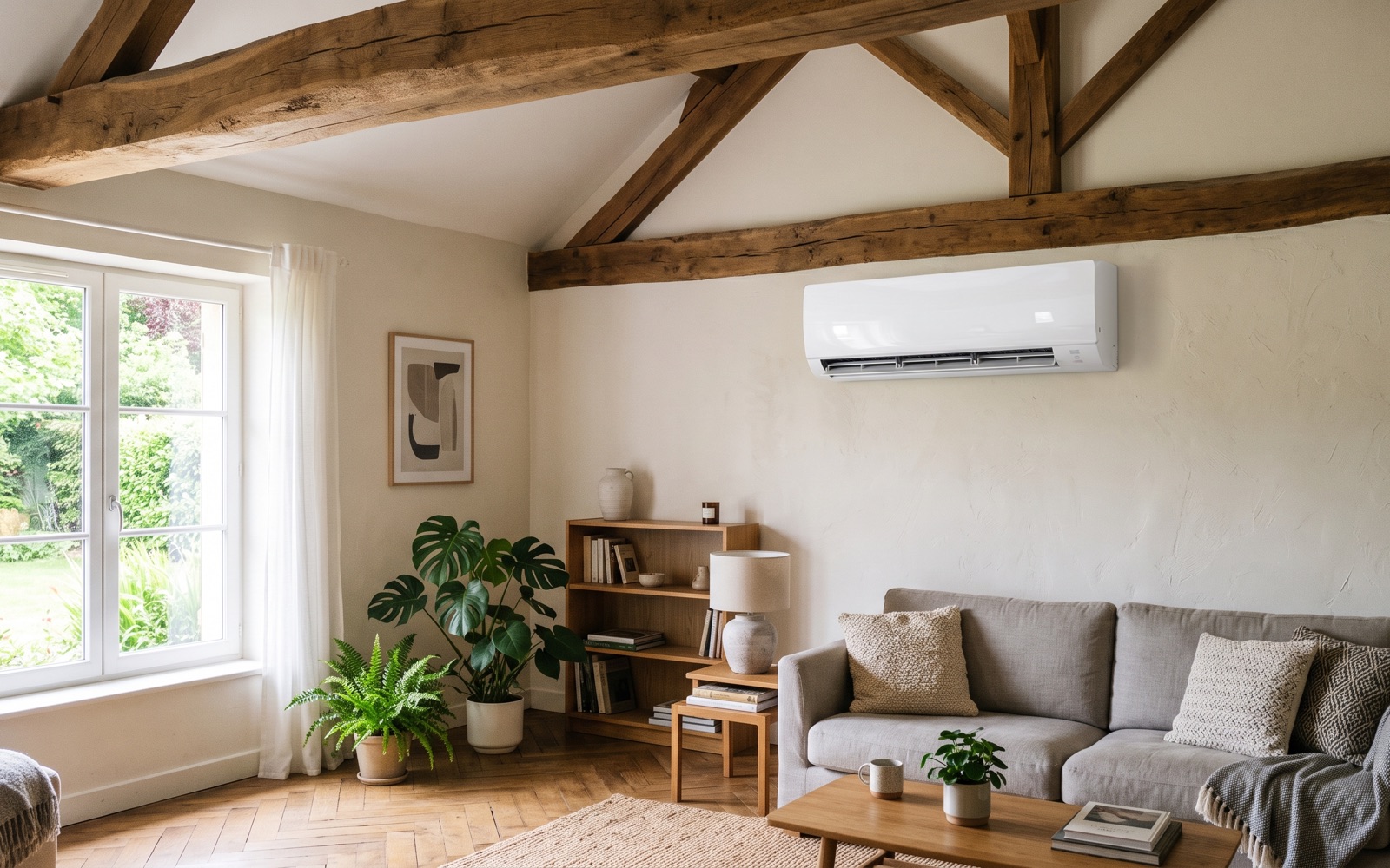 Unité intérieure murale de climatisation réversible dans un salon aux poutres en bois apparentes