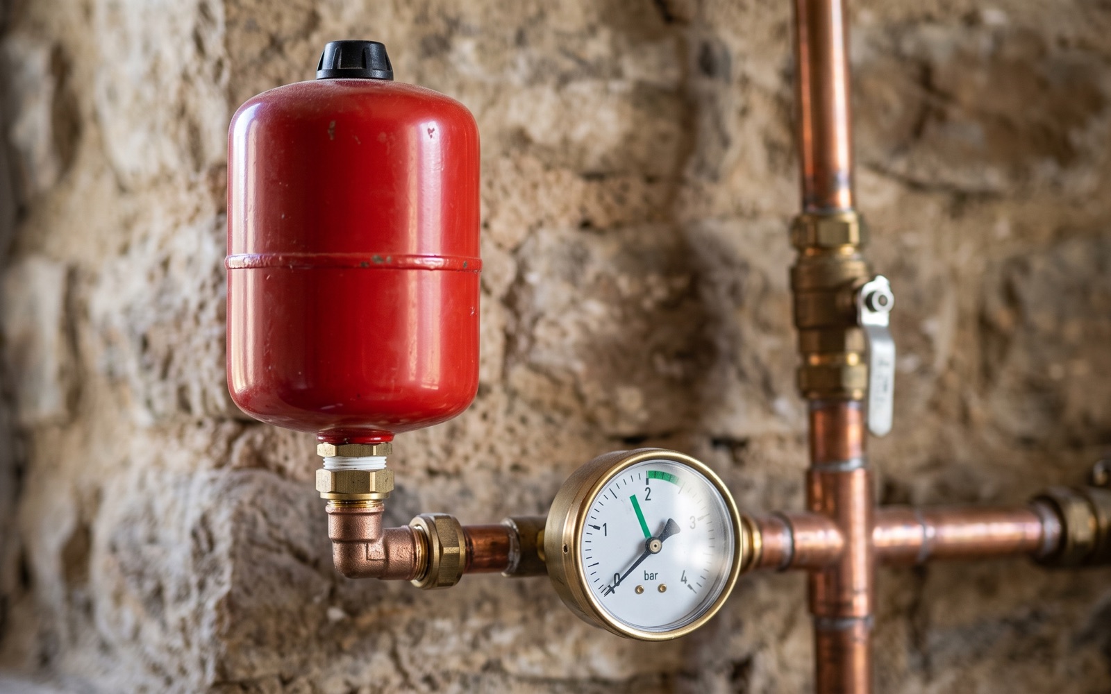 Gros plan sur un vase d'expansion rouge et un manomètre rond raccordés en cuivre