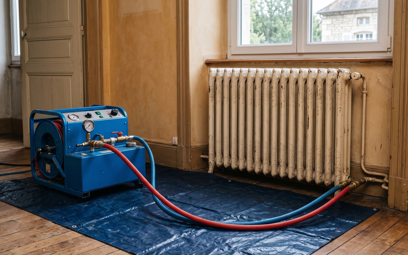 Machine de désembouage raccordée par deux flexibles à un radiateur ancien en fonte, bâche de protection au sol