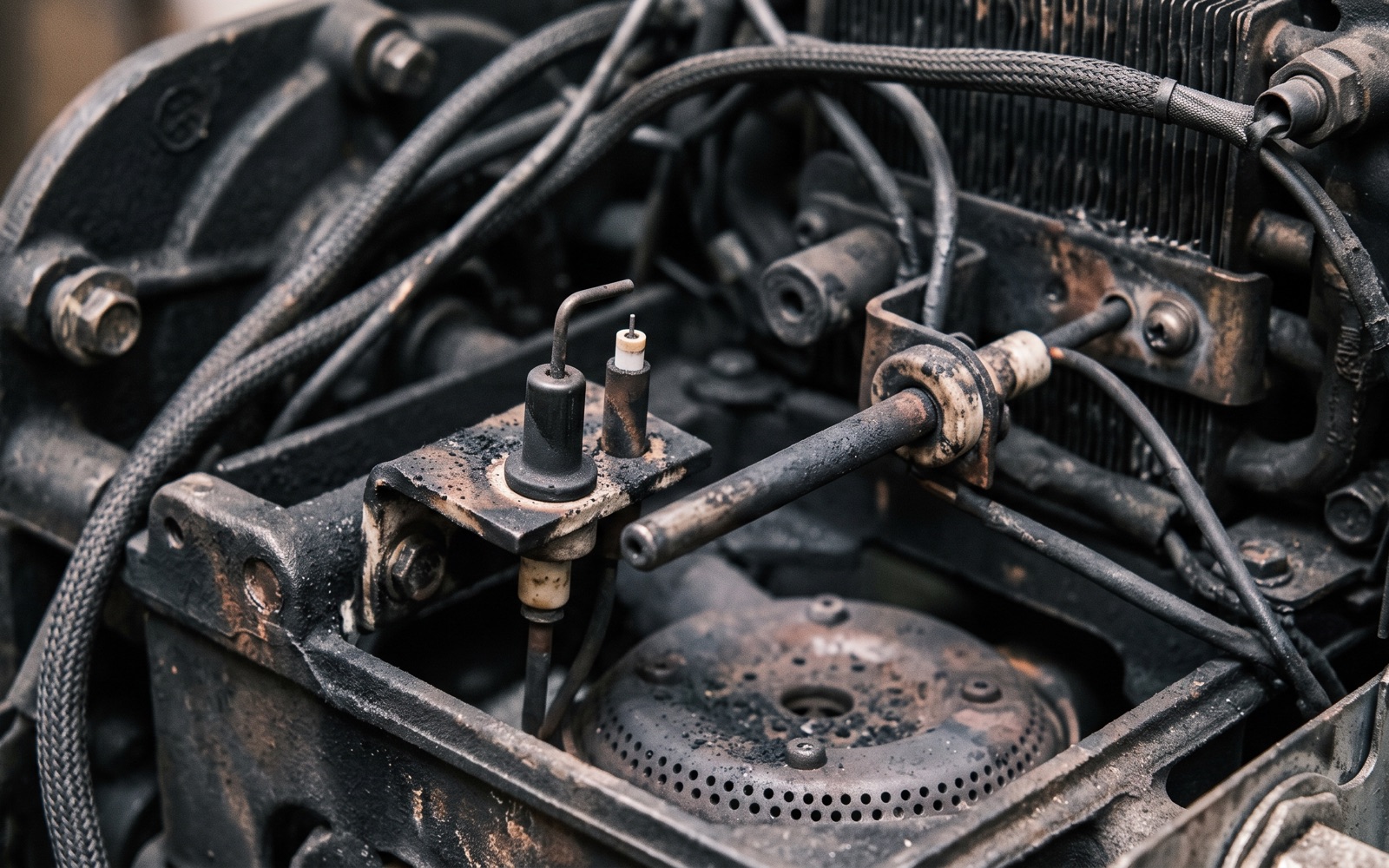 Électrode d'allumage et sonde d'ionisation à l'intérieur d'un brûleur de chaudière gaz ouvert