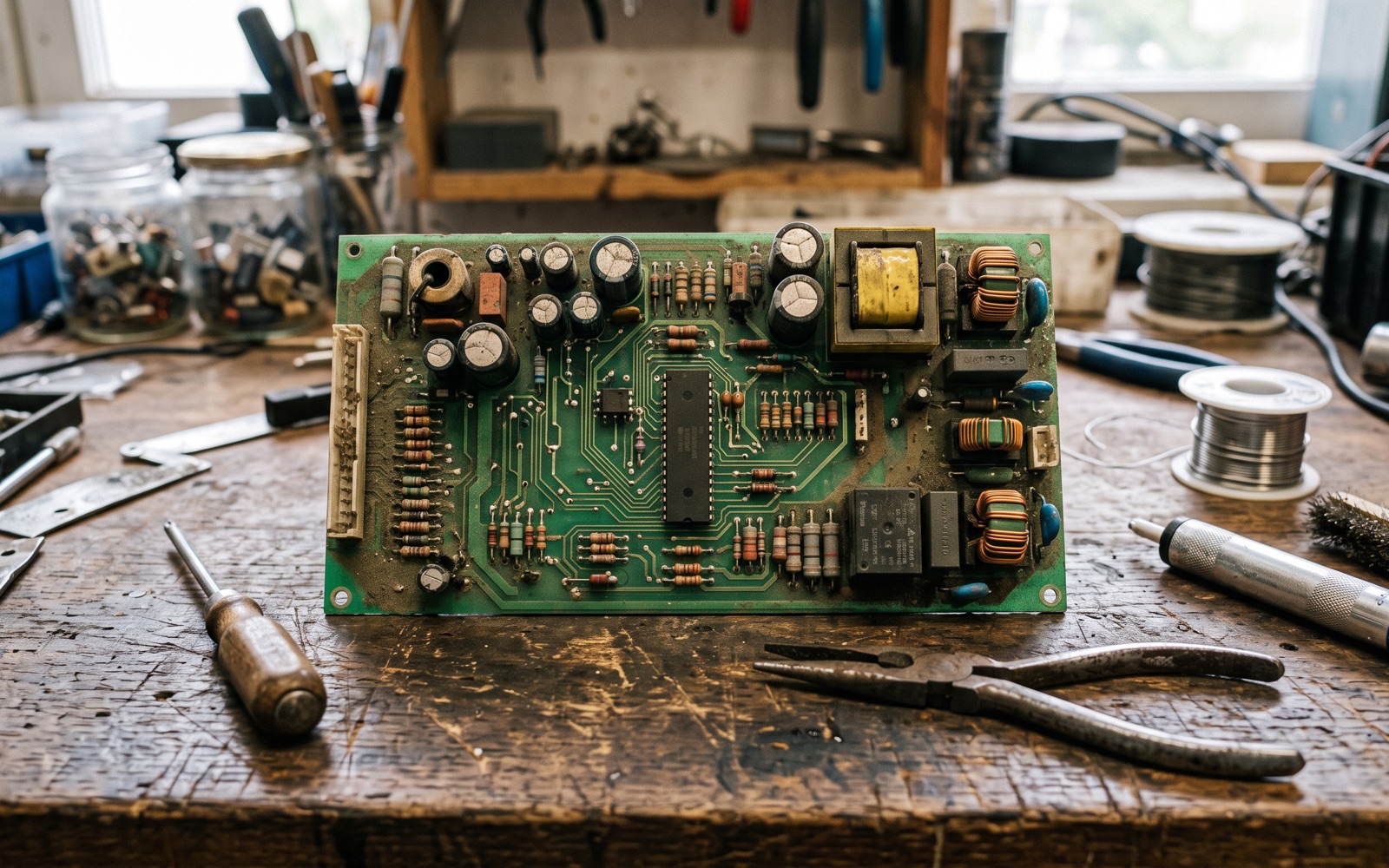 Ancienne carte électronique de chaudière posée sur un établi en bois avec quelques outils autour