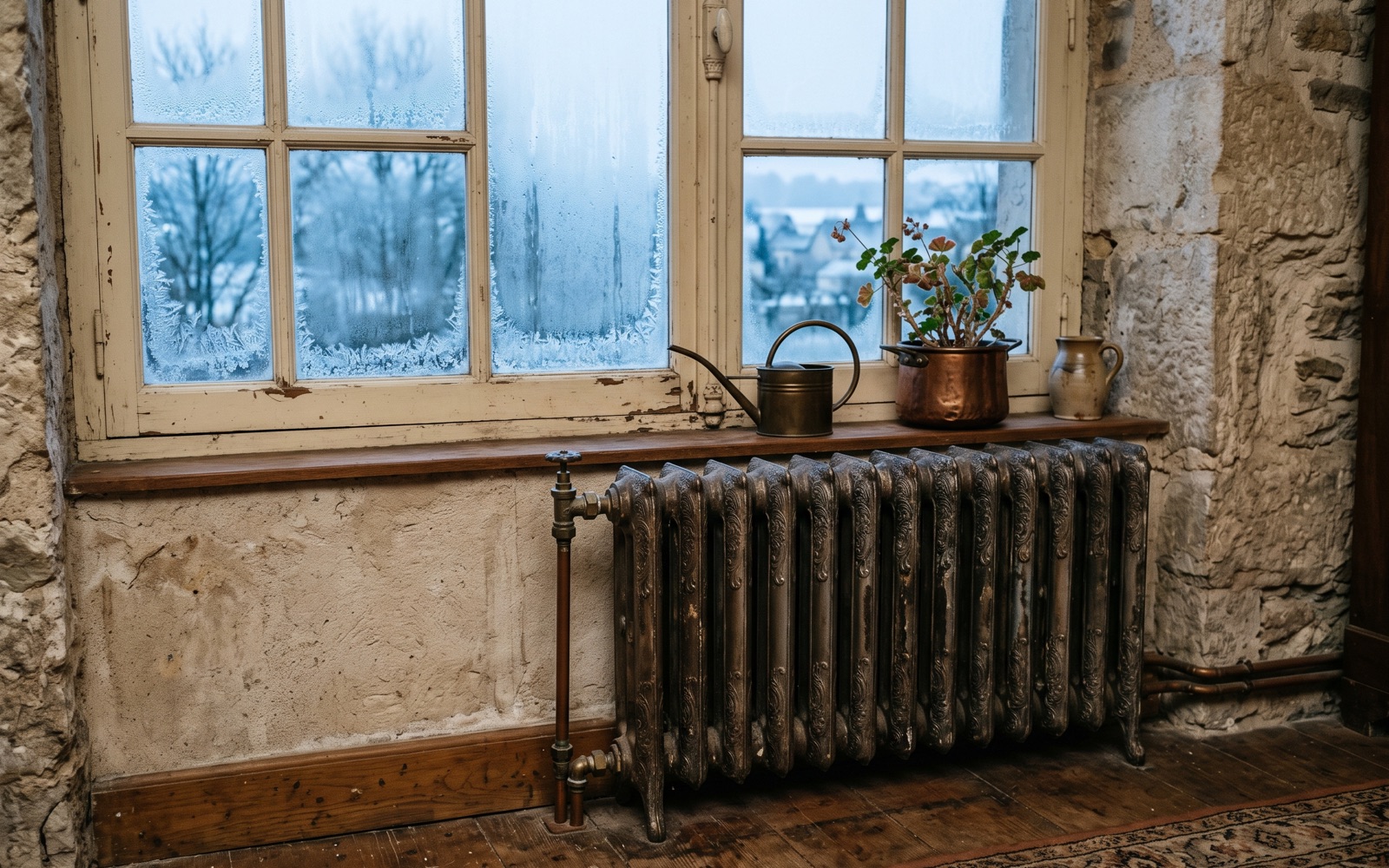 Radiateur en fonte ancien sous une fenêtre à petits carreaux embuée et givrée sur les bords, mur en pierre apparente, paysage hivernal bleuté à l'extérieur